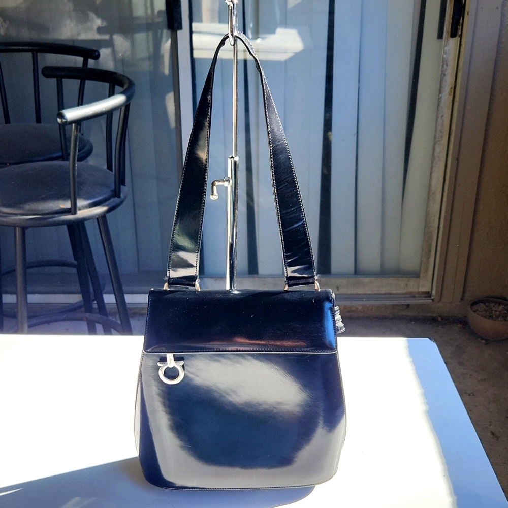 Salvatore Ferragamo Vintage Shoulder Bag Black Patent Leather